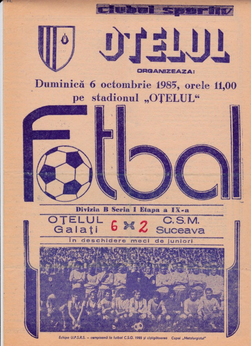 Program meci fotbal OTELUL GALATI - CSM SUCEAVA 06.10.1985