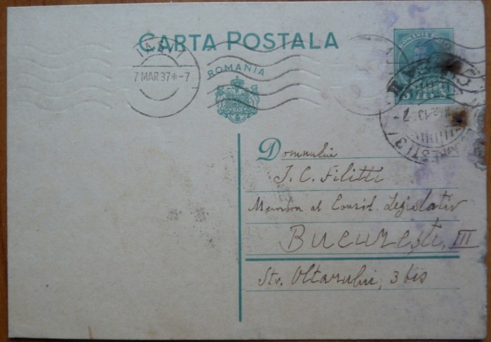 CP scrisa de omul politic Constantin Meissner catre I. C. Filitti, Iasi, 1907