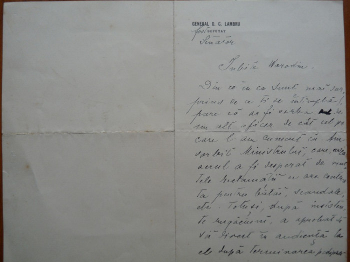 Scrisoare General Dimitrie Lambru, 1924, fost Comandant Divizia 21 Infanterie