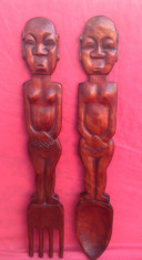 Arta Africana - Cuplu ( Lingura &amp;amp; Furculita ) din lemn exotic - Decor !!! foto