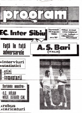 Program meci fotbal FC INTER SIBIU - AS BARI 06.08.1989 foto