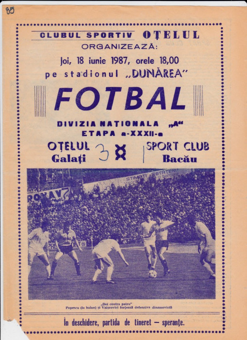 Program meci fotbal OTELUL GALATI - SC BACAU 18.06.1987