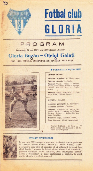 Program meci fotbal GLORIA BUZAU - OTELUL GALATI 31.05.1987