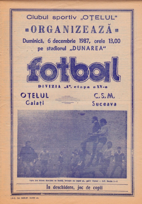 Program meci fotbal OTELUL GALATI - CSM SUCEAVA 06.12.1987