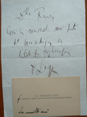 Cartea de vizita si bilet scris de Dr. Nicolae Lupu, membru marcant PNT, 1926 foto