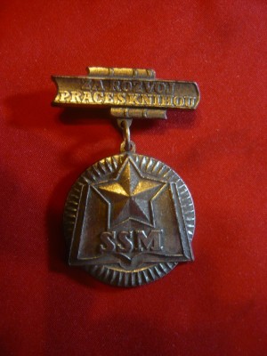 Insigna Pionier - Tineretul Socialist SSM Cehoslovacia ,h= 5 cm ,metal argintat foto