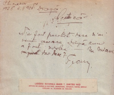 1925 Hartie cu antet Libraria Nationala Marin T. Dimitriu din Husi, semnatura foto