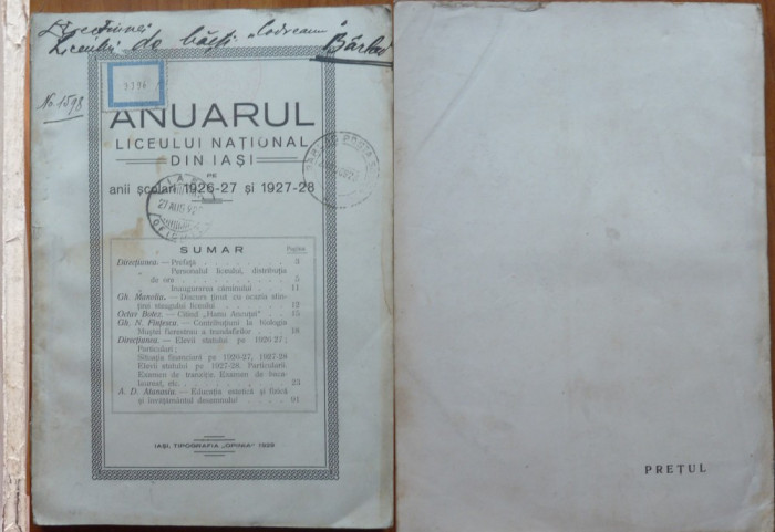 Anuarul Liceului National din Iasi, 1926 - 1928, Iasi, 1929, cu autograf