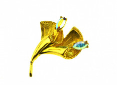 Brosa placata aur, design floral, decorata cristale Aurora Borealis, semnata foto
