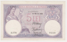 ROMANIA 5 lei 25 martie 1920 UNC- data lunga foto