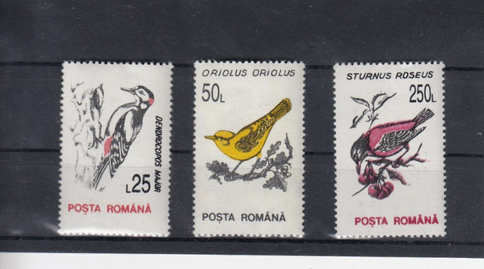 ROMANIA 1993 LP 1314 PASARI 25 L 50 L 250 L HARTIE ALBA FARA FILIGRAN MNH