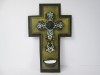 C Crucifix vechi emailat , bronz, cu vas email pentru apa sfintita, antic