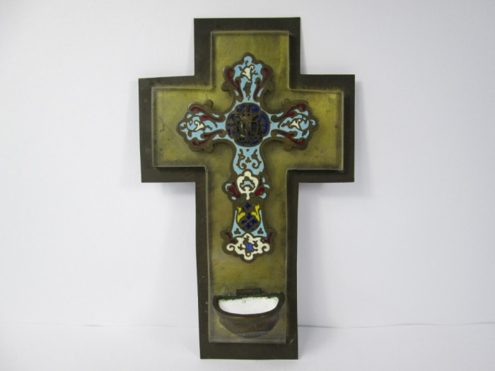 c Crucifix vechi emailat , bronz, cu vas email pentru apa sfintita, antic