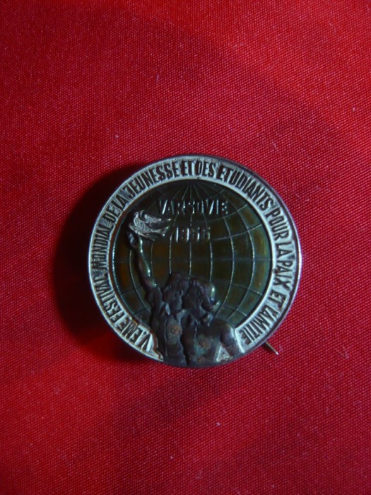 Insigna Festivalul Tineretului, Studentilor pt.Pace Varsovia 1955 , D=2,7 cm