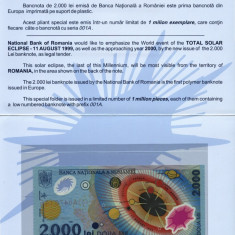 BANCNOTA DE 2000 LEI 1999 ECLIPSA SERII 001A CONSECUTIVE FOLDER SI PLIC BNR UNC