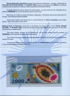 BANCNOTA DE 2000 LEI 1999 ECLIPSA SERII 001A CONSECUTIVE FOLDER SI PLIC BNR UNC foto