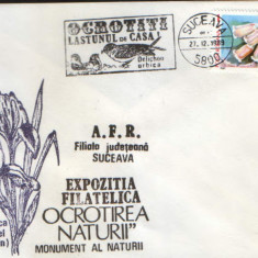 Romania - Plic oc.1989 - Ocrotirea Naturii Suceava - Lastun, iris,strugurii urs.