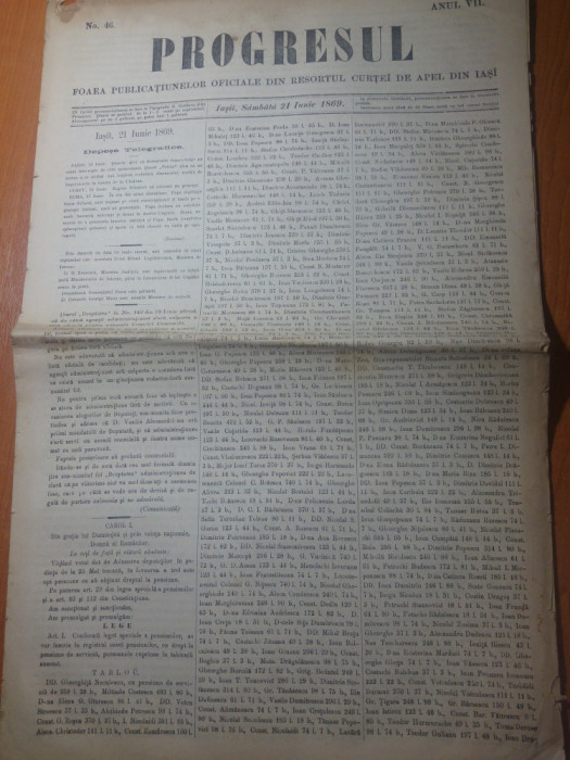 ziarul progresul 21 iunie 1869+ supliment-carol 1 si legea speciala a pensiilor