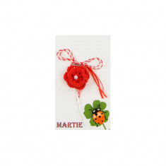 Martisor Brosa Crosetat Manual Floare Rosie cu Biluta Alba foto