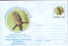 Romania - Intreg postal plic neuzat- Ornitologie - Huhurez mare,pasare rapitoare foto