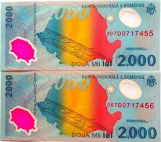 Lot/Set 2 bancnote consecutive ROMANIA, 2000 Lei 1999 ECLIPSA-UNC! cod 362 foto