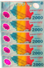 Lot/Set 5 bancnote consecutive ROMANIA, 2000 Lei 1999 ECLIPSA-UNC! cod 355 foto