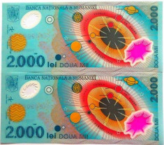 Lot/Set 2 bancnote consecutive ROMANIA, 2000 Lei 1999 ECLIPSA-UNC! cod 356 foto