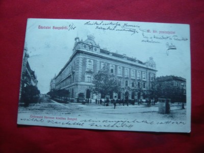 Ilustrata Szeged Posta,circulat 1910 cu straif de 3 val.-2 filler galben foto