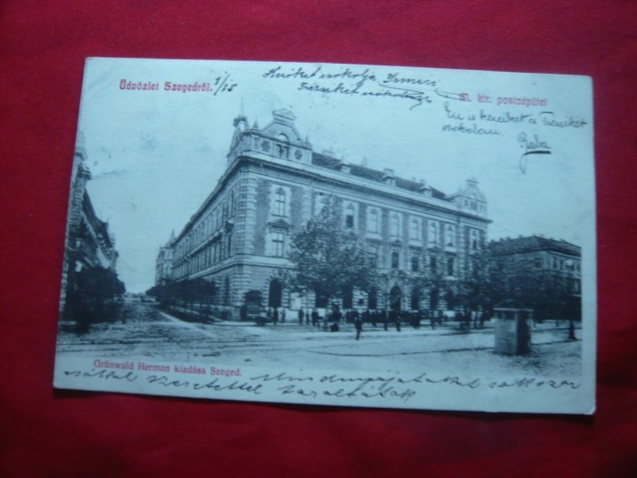 Ilustrata Szeged Posta,circulat 1910 cu straif de 3 val.-2 filler galben