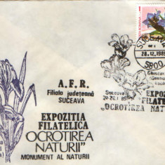 Romania - Plic oc.1989 - Ocrotirea Naturii Suceava - Ghintzura (gentziana),iris