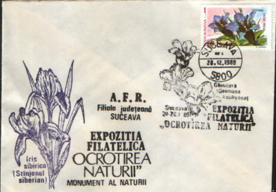 Romania - Plic oc.1989 - Ocrotirea Naturii Suceava - Ghintzura (gentziana),iris foto