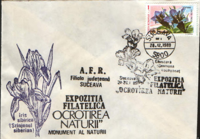 Romania - Plic oc.1989 - Ocrotirea Naturii Suceava - Ghintzura (gentziana),iris