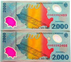 Lot/Set 2 bancnote consecutive ROMANIA, 2000 Lei 1999 ECLIPSA-UNC! cod 361 foto