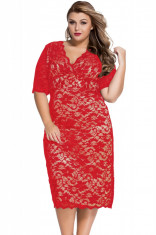 Z514-3 Rochie midi eleganta din dantela florala rosie si dublura nude - plus size foto