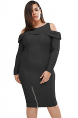 Y516-1 Rochie midi cu aspect texturat, maneci lungi si umeri decupati - plus size foto