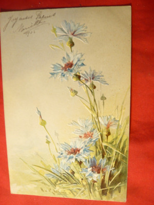 Ilustrata -Felicitare - Flori -in relief ,circulat 1905 foto