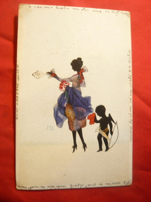 Ilustrata -Felicitare -pe negativ -Femeie si Cupidon-Despartire -circ.1925 Buzau
