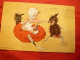 Ilustrata Fetita- bebelus si 2 catelusi ,semnata Chiky Spark 1928circ.Bucuresti
