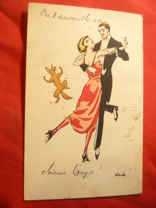 Ilustrata - Pereche dansand si caine lup ,semnata Halmek ,1925 circ.la Roman