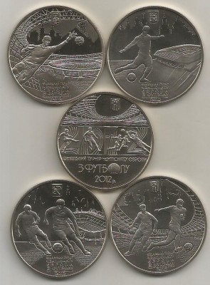 UCRAINA 5 HRIVNE 2012 ( 5 bucati ) , Set complet EURO 2012 UNC - CAPSULA foto