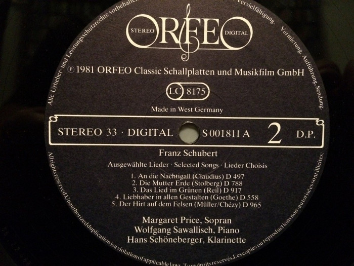 SCHUBERT - SELECTED SONGS (1981/Orfeo rec/West Germany) - VINIL