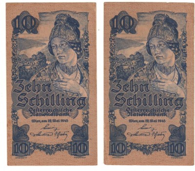 SV * Austria * LOT 2 x 10 SCHILLING 1945, 29 mai * Serii Consecutive * VF / XF foto