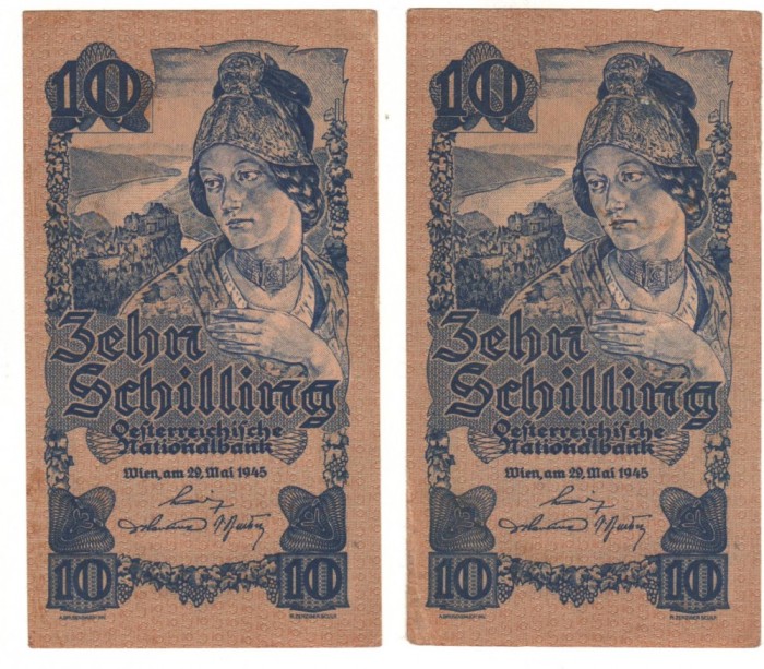 SV * Austria * LOT 2 x 10 SCHILLING 1945, 29 mai * Serii Consecutive * VF / XF