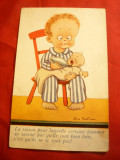 Ilustrata comica - Tata copil hraneste bebelusul ,semnat Seco Petersen, Necirculata, Printata