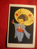 Ilustrata - Fetita Japoneza cu pasare , 1928