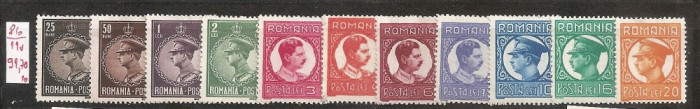 SD Romania 1930 LP86- Carol II, filigran PTT, seria de 11 val., MLH