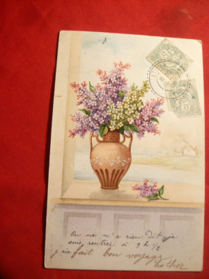 Ilustrata Litografie TCV - Vas cu flori , circulat 1906 Franta foto