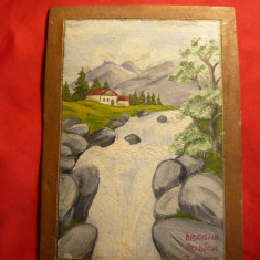 Pictura ulei pe carton - Peisaj , dim.= 9,6 x 14,5 cm(parte pictata) semnat Drag