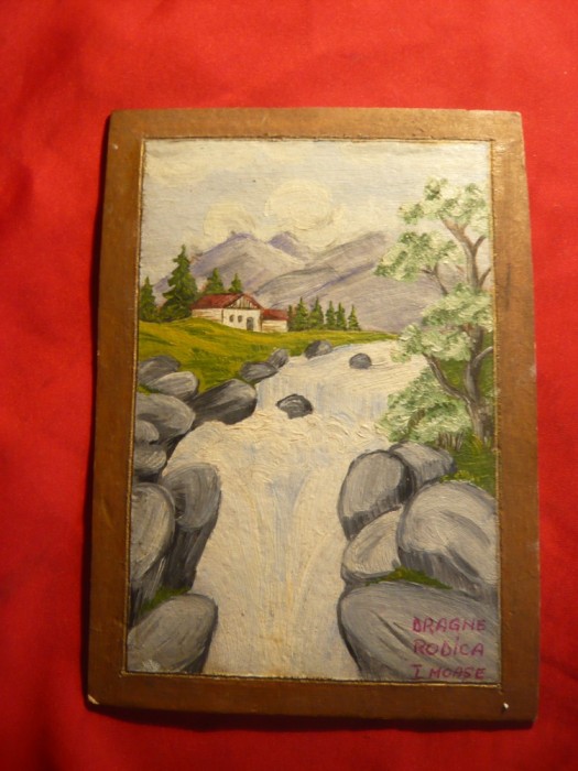 Pictura ulei pe carton - Peisaj , dim.= 9,6 x 14,5 cm(parte pictata) semnat Drag