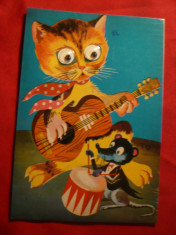 Ilustrata comica - 2 cantareti- Pisica cu ochi mobili si soricel foto